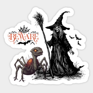 Scary witch with spider dinasour Sticker